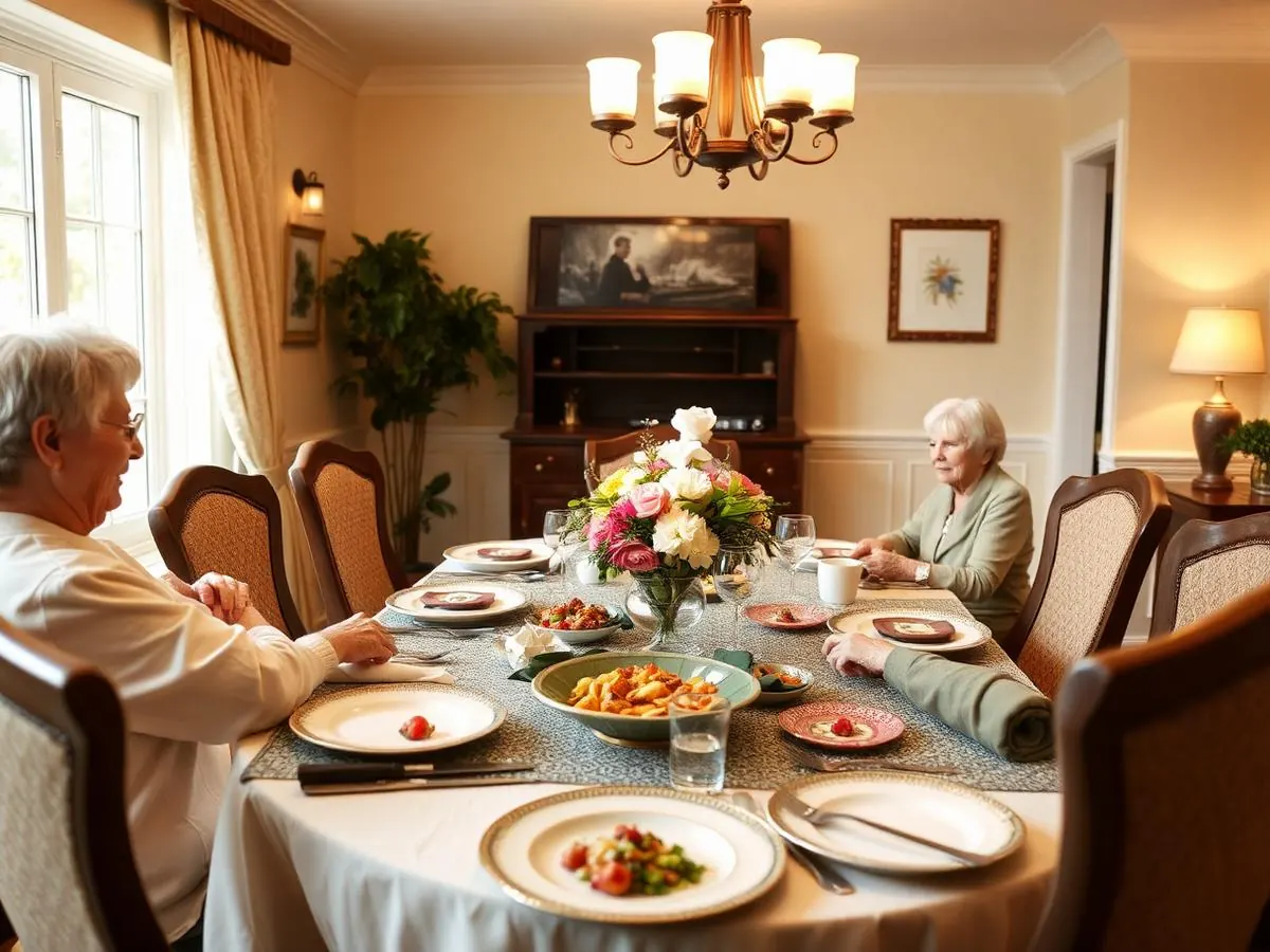 Residents and family gathered around the dining table for a home-cooked meal