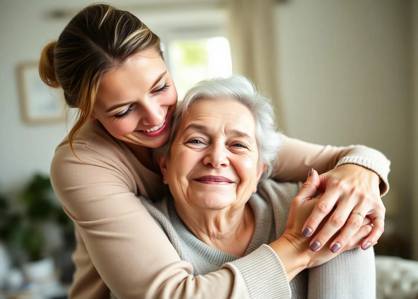 A resident welcoming family members for a visit